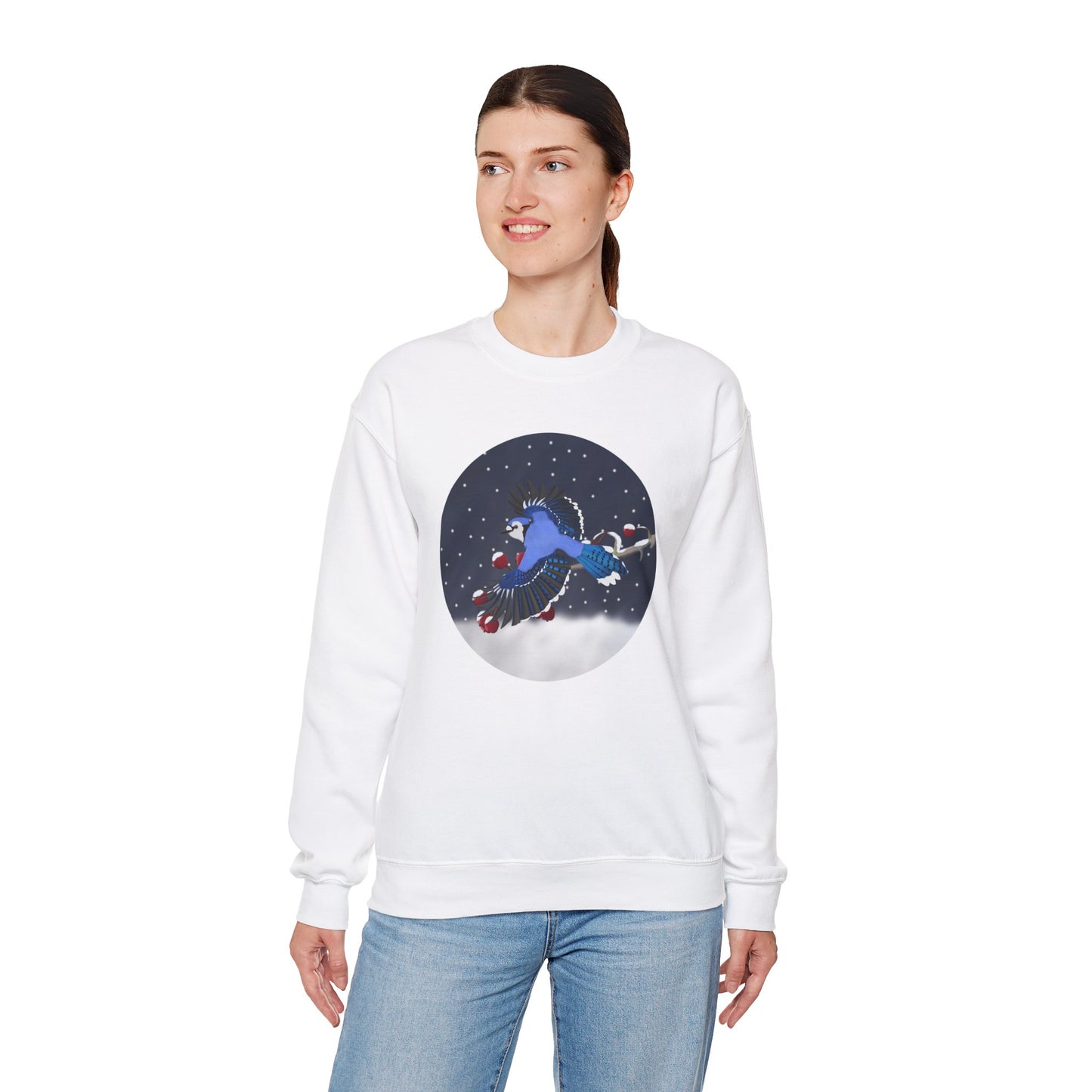 Blue Jay on a Winter Branch Birdwatcher Christmas Bird Sweatshirt