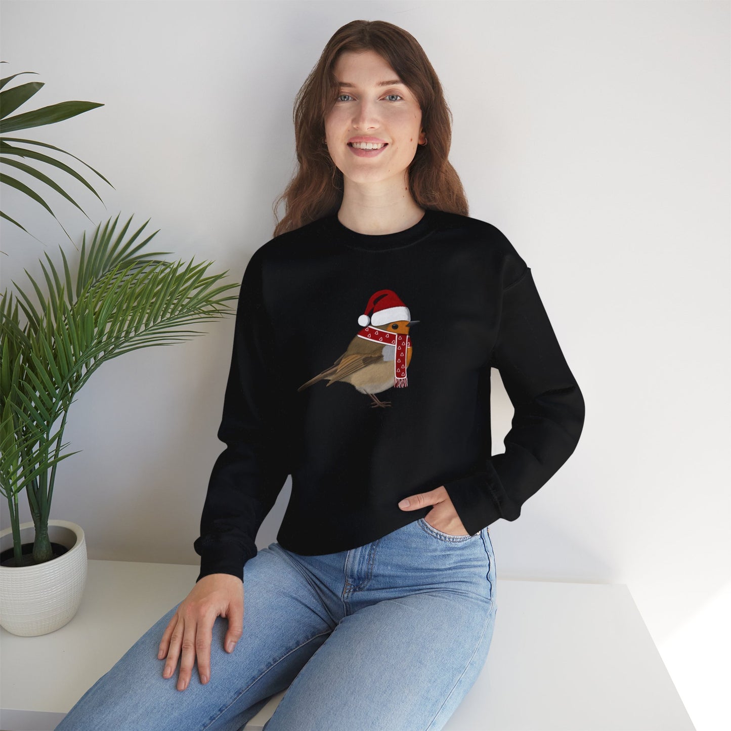 European Robin with Christmas Hat Bird Birdwatcher Sweatshirt