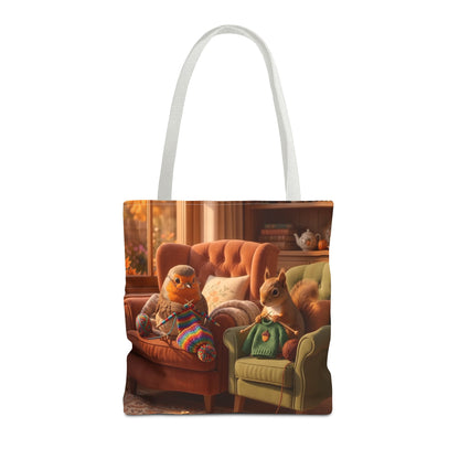 Tragetasche Gemütlicher Stricknachmittag – Rosi Rotkehlchen & Eichhörnchen All-Over-Print Stoffbeutel