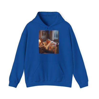 Süßes Rotkehlchen Hoodie im Bett mit Teddy | Kuscheliger Vogel Kapuzenpullover für Langschläfer