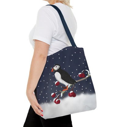 Puffin on a Winter Branch Christmas Bird Tote Bag 16"x16"