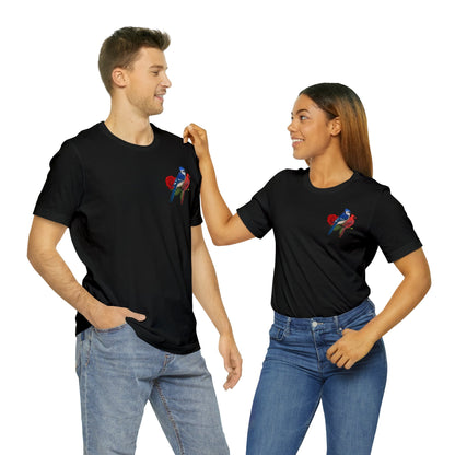 Blue Jay Cardinal on a Rose Valentine's Day Bird Unisex Tee - jz.birds