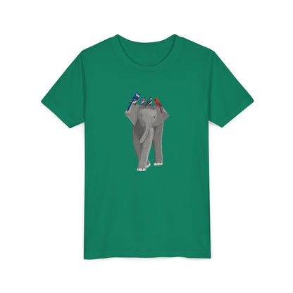 Elephant with Blue Jay Cardinal Bluebird Tree Swallow Bird Youth T-Shirt