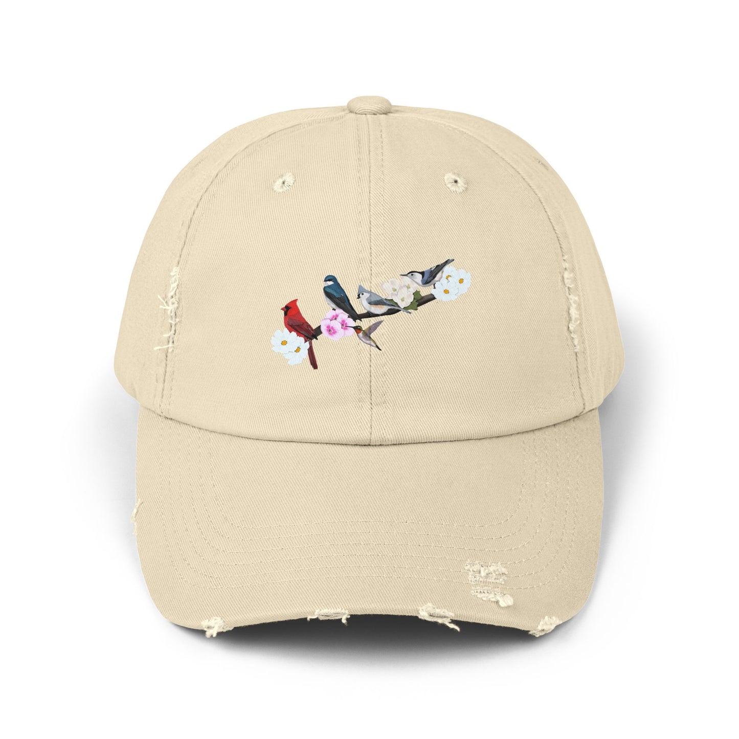 Cardinal Tree Swallow Hummingbird Tufted Titmouse Nuthatch on a Branch Bird Art Distressed Cap