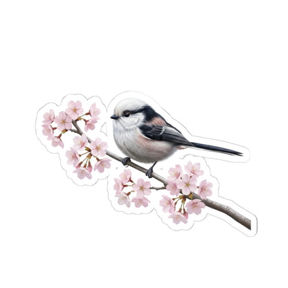 Long Tailed Titmouse Cherry Blossom Sticker | Glossy Floral Bird Decal Spring Laptop Stickers –