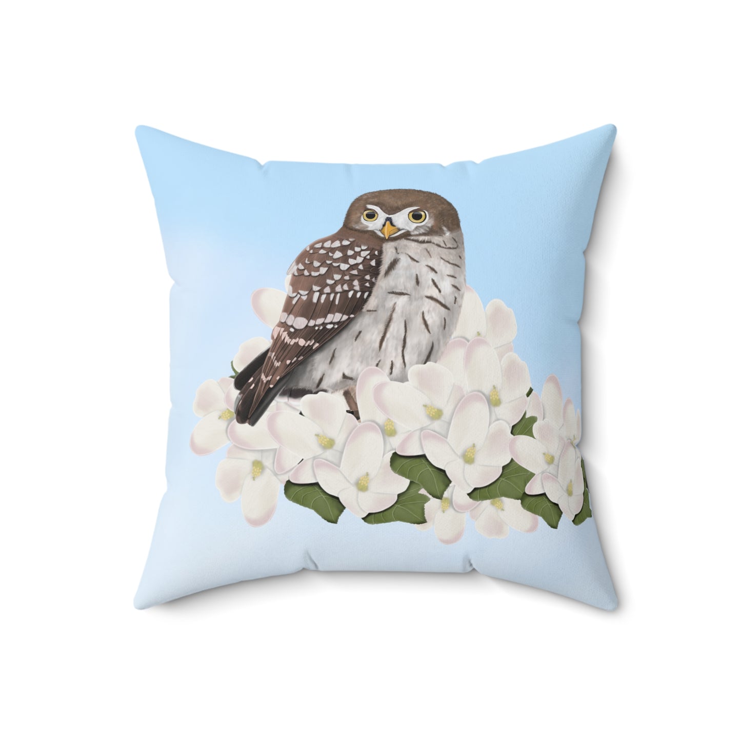 Little Owl and Apple Blossoms Bird Throw Pillow 18"x18"