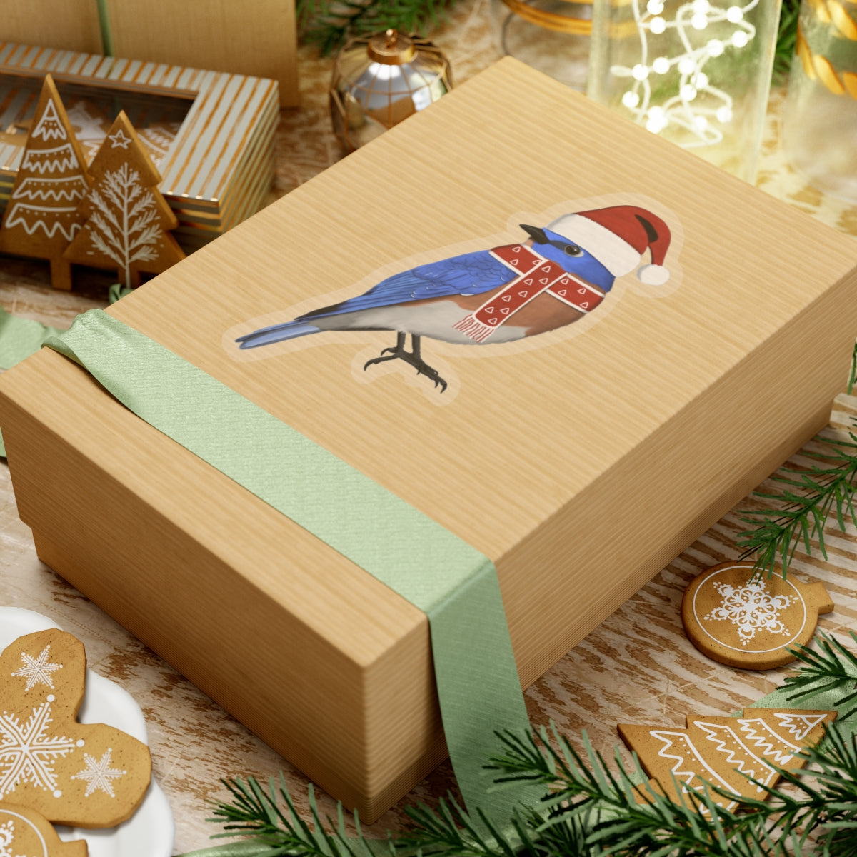 Bluebird with Santa Claus Hat and Scarf Christmas Bird Sticker