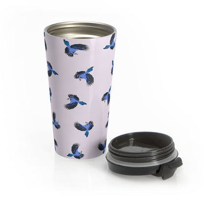 Blue Jay All Over Pattern Travel Tumbler Light Pink | 15oz Birdwatching Coffee Mug –
