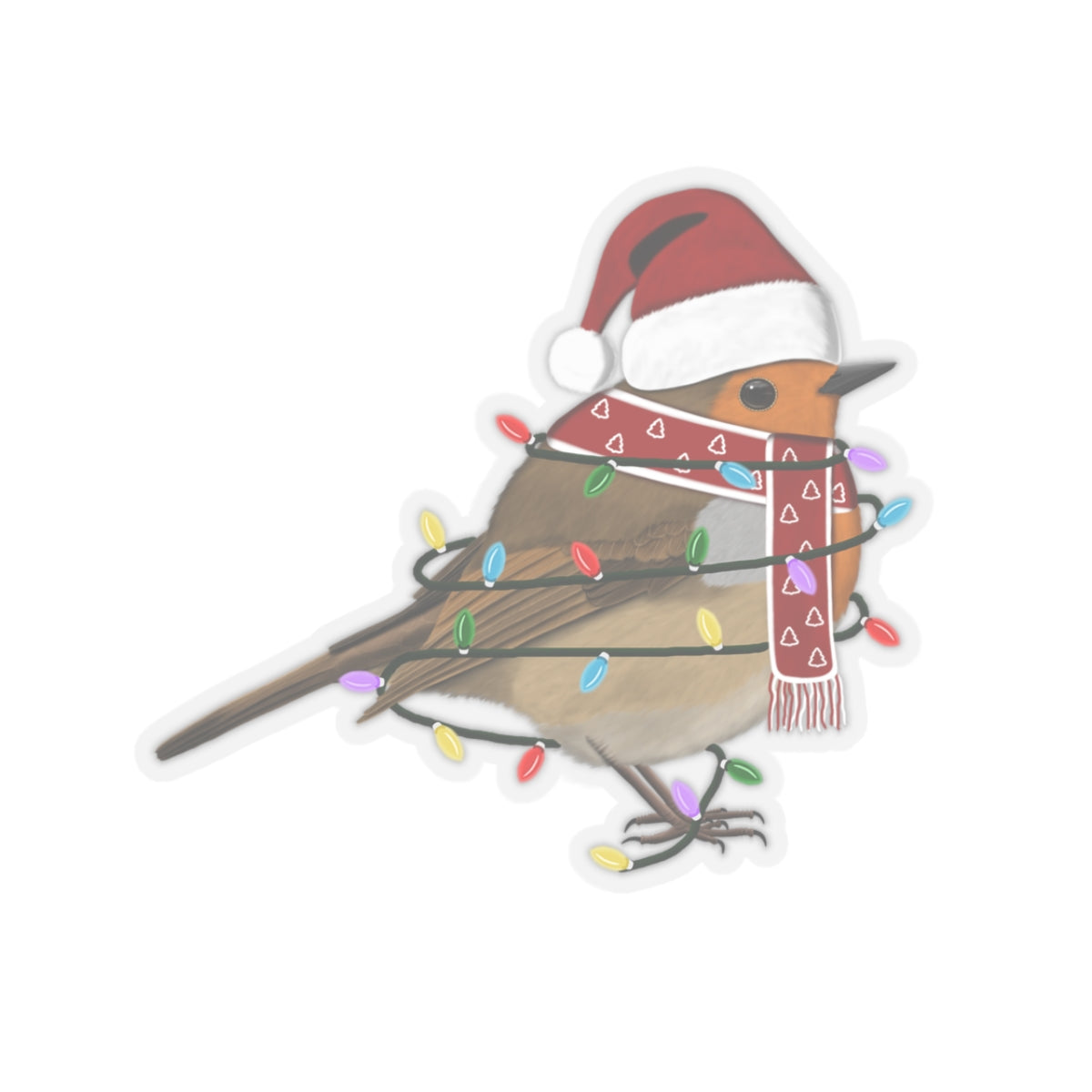 European Robin with Fairy Lights Santa Claus Hat and Scarf Christmas Bird Sticker