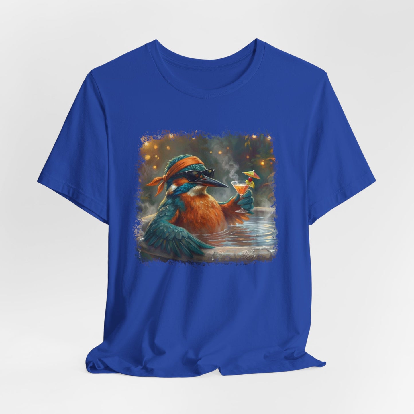 Funny Kingfisher T-Shirt | Bird with Sunglasses & Drink | Unisex Summer Tee