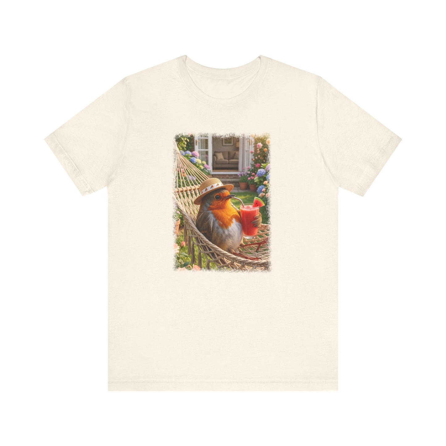 T-Shirt mit Rosi Rotkehlchen Motiv in der Hängematte für Vogelfreunde