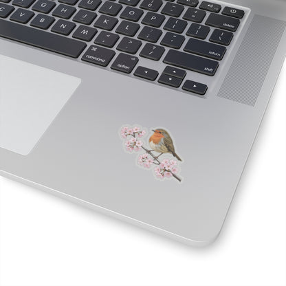 European Robin Cherry Blossom Sticker | Glossy Floral Bird Decal Spring Laptop – Stickers