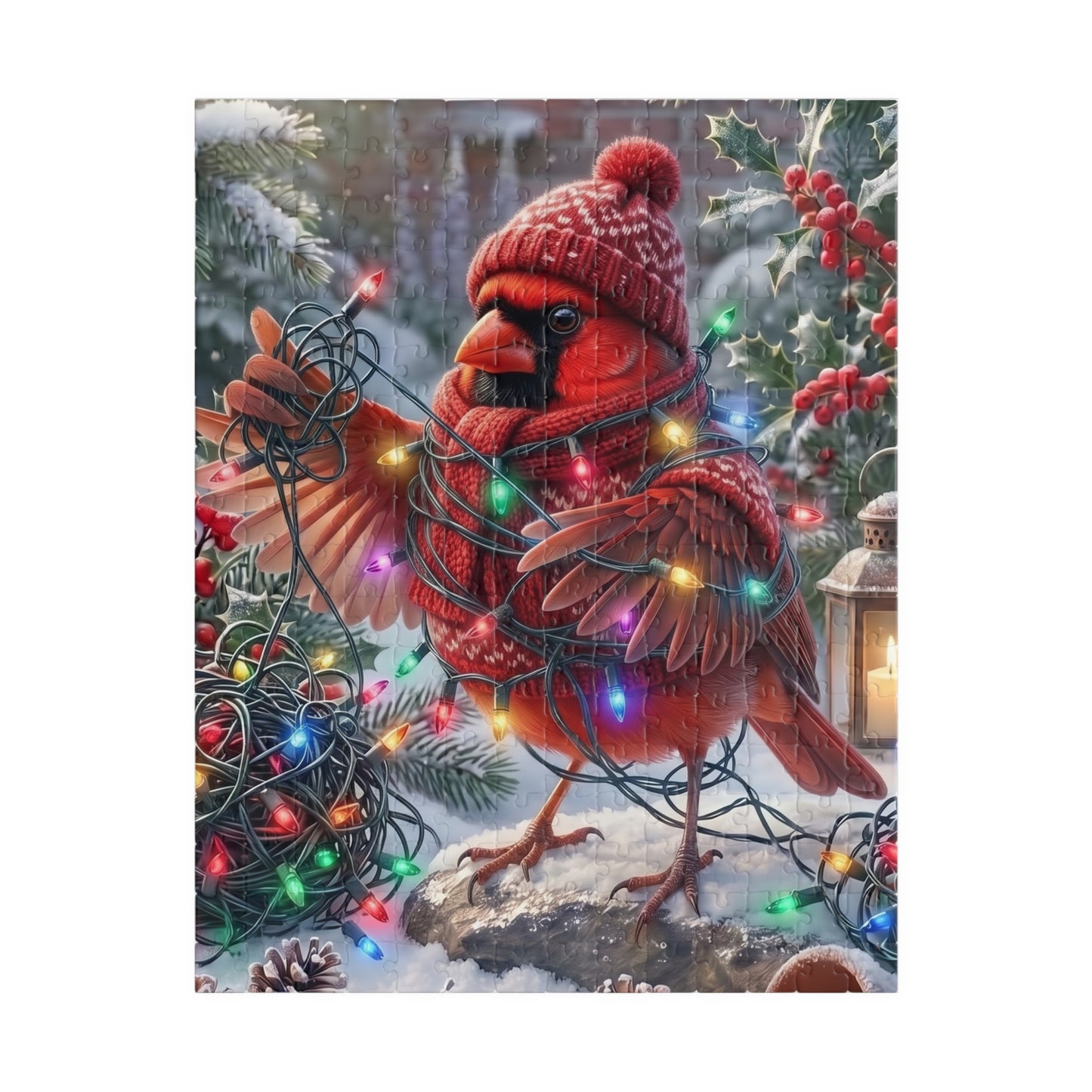 A festive winter puzzle of a northern cardinal wearing a knit red hat and scarf, wrapped in multicolored Christmas lights, standing in snow with holly and a lantern nearby.