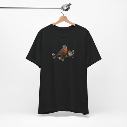 American Robin & Fledgling T-Shirt | Spring Blossoms Unisex Graphic Tee