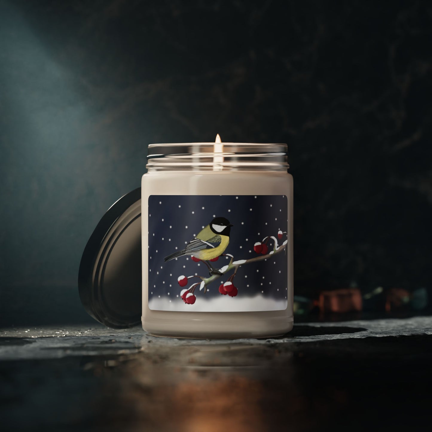 Chickadee on a Winter Branch Christmas Bird Art Scented Soy Candle, 9oz