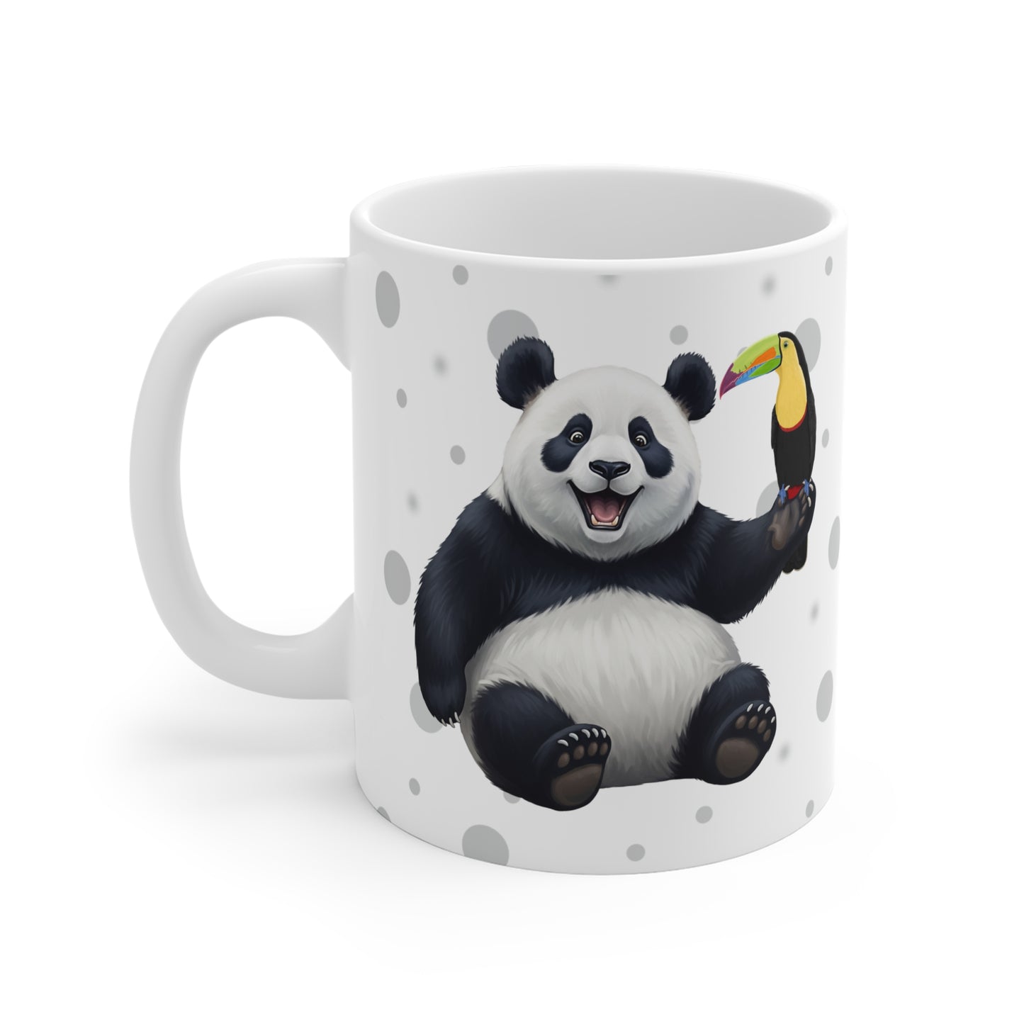Tukan mit einem fröhlichen Panda Vogel Tiermotiv Tasse Punkte Grau