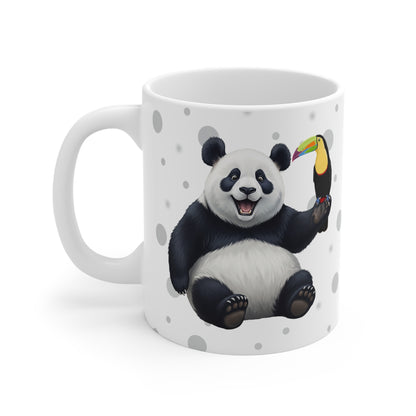 Tukan mit einem fröhlichen Panda Vogel Tiermotiv Tasse Punkte Grau