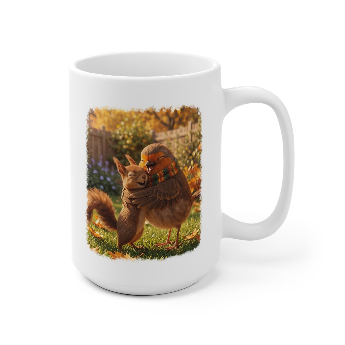 Rotkehlchen & Eichhörnchen Tasse „Rosi“ – Süßer Kaffeebecher mit Umarmung im Garten