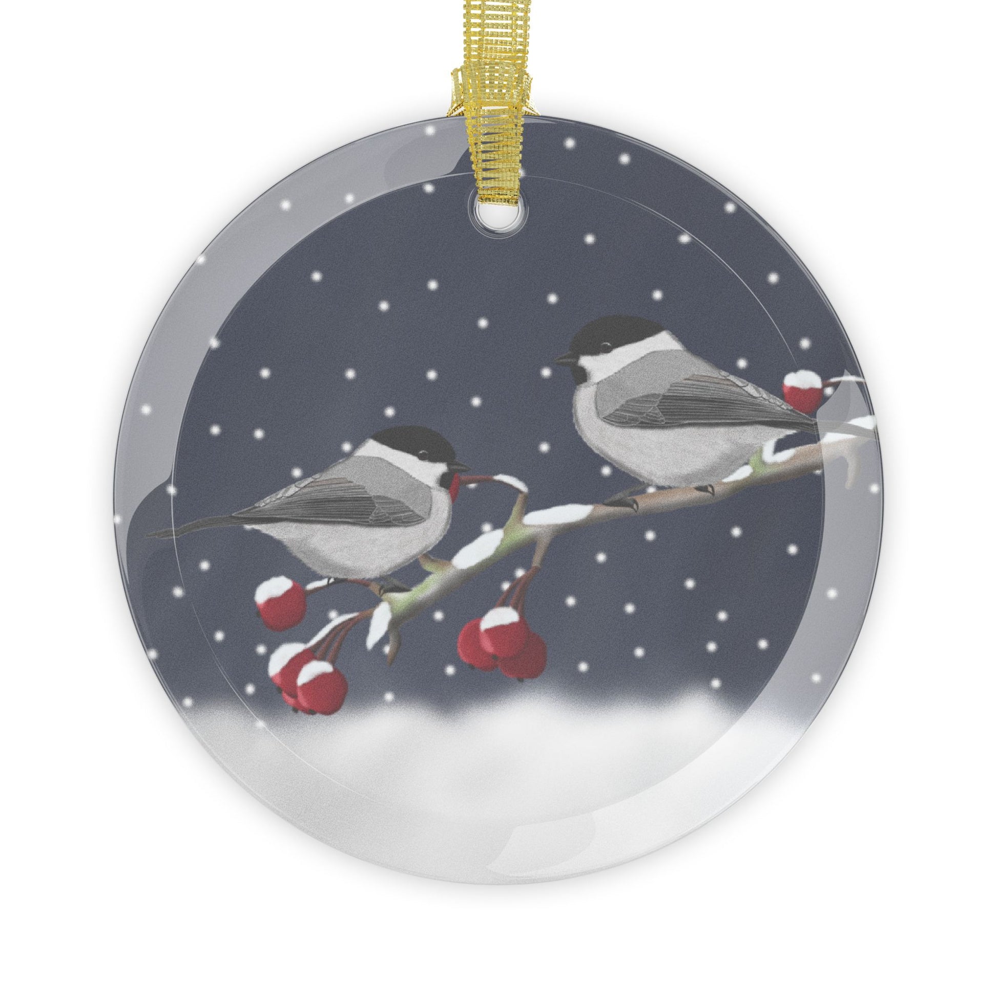 Willow Titmice on a Winter Branch Christmas Bird Glass Ornament