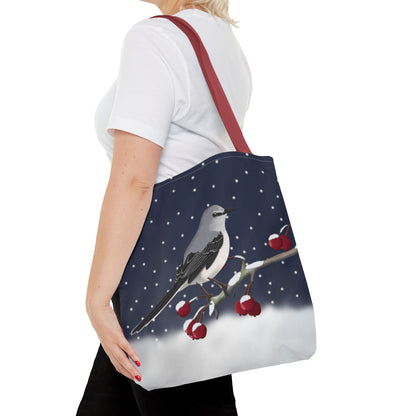 Mockingbird on a Winter Branch Christmas Bird Tote Bag 16"x16"