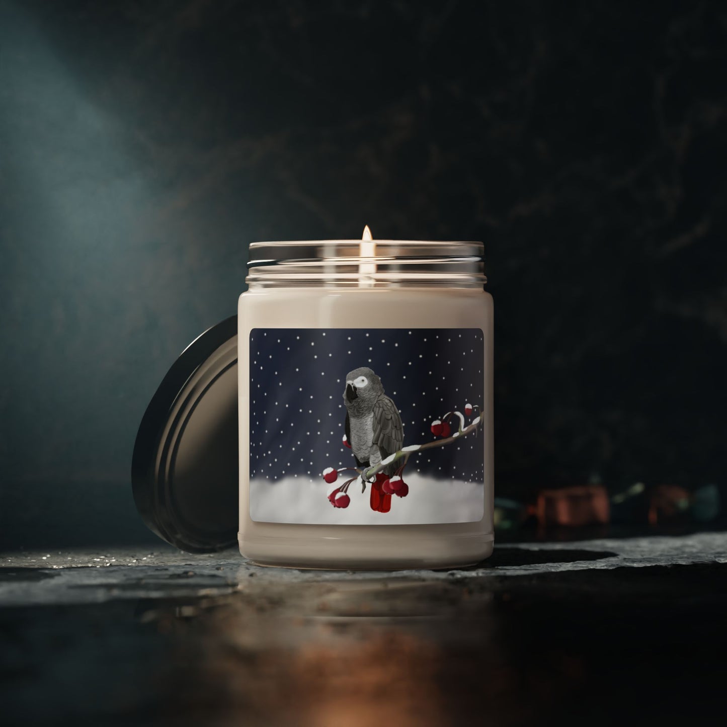 Grey Parrot on a Winter Branch Christmas Bird Art Scented Soy Candle, 9oz