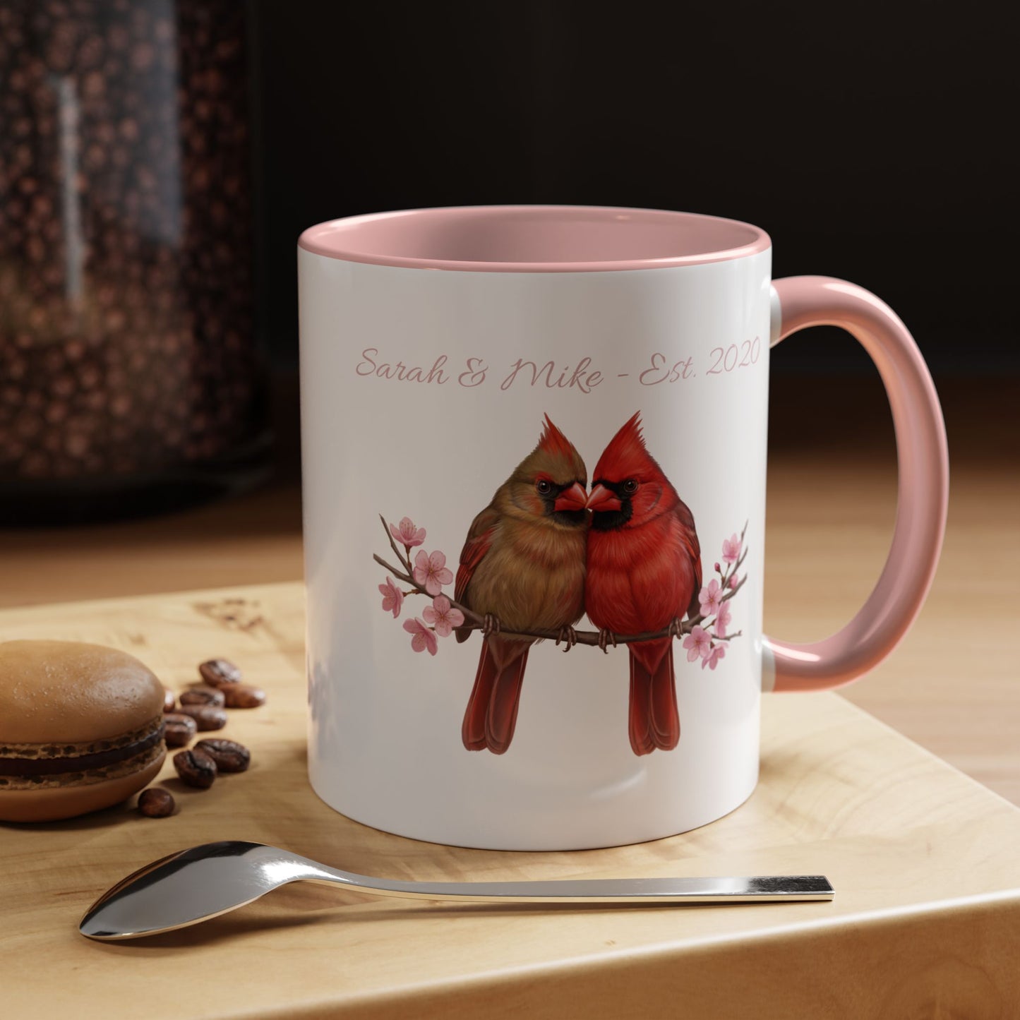 Personalized Cardinal Couple Mug – Cherry Blossom Design with Custom Names (Pink Accent)