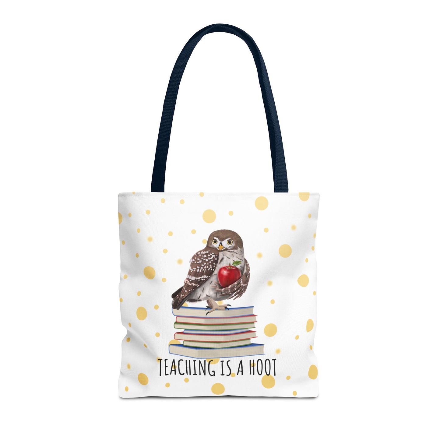 Cute Owl & Books Teacher Tote Bag – Teaching is a Hoot – Gold Polka Dot Aesthetic