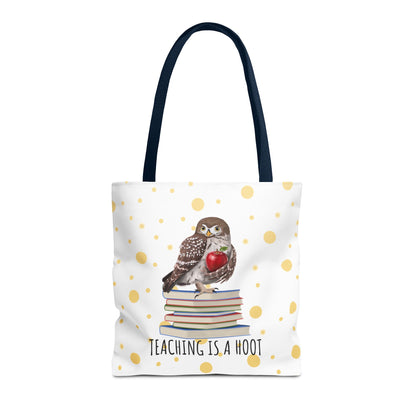 Cute Owl & Books Teacher Tote Bag – Teaching is a Hoot – Gold Polka Dot Aesthetic