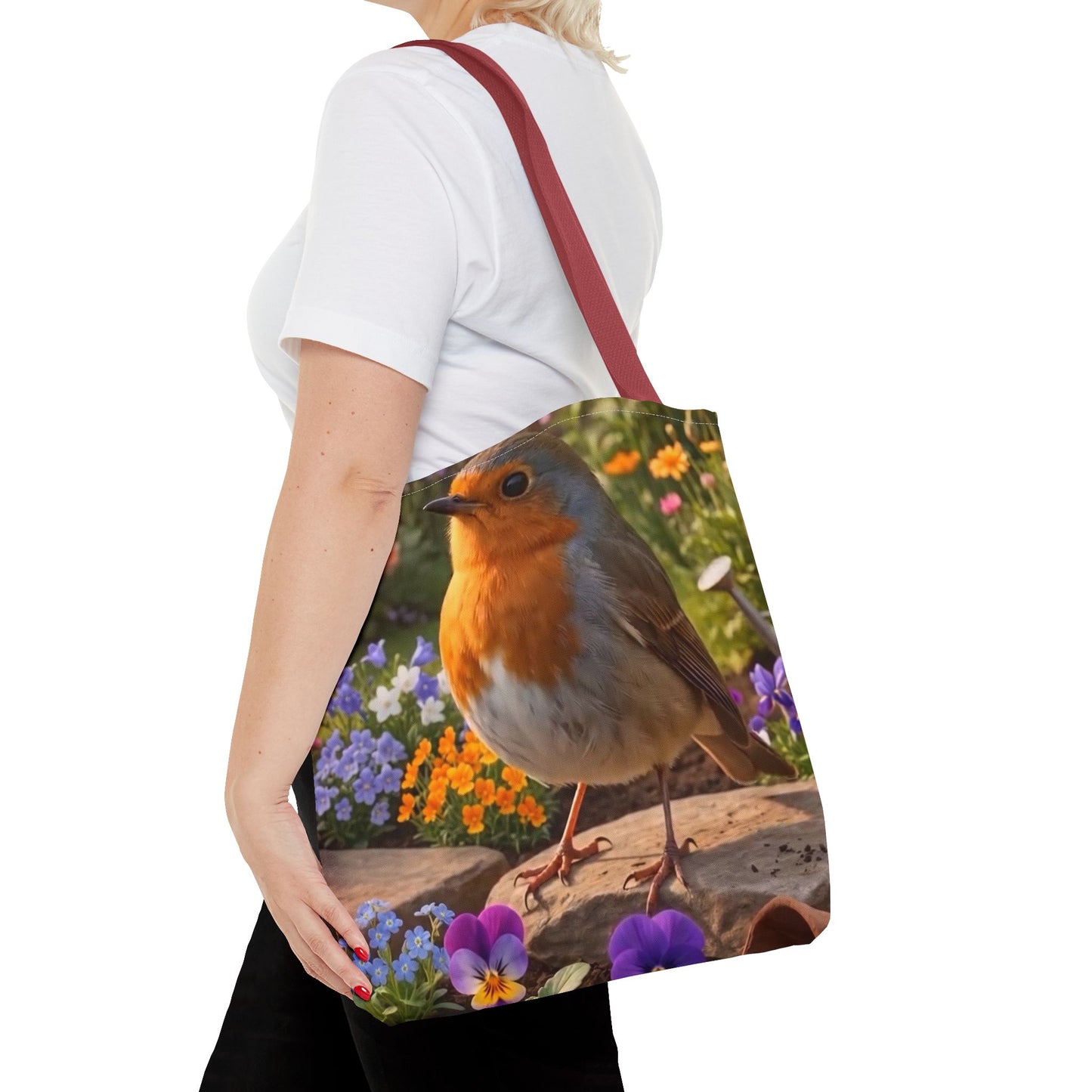 Robin Rosi Flower Bed Tote Bag - Cute Backyard Bird Watcher Gift