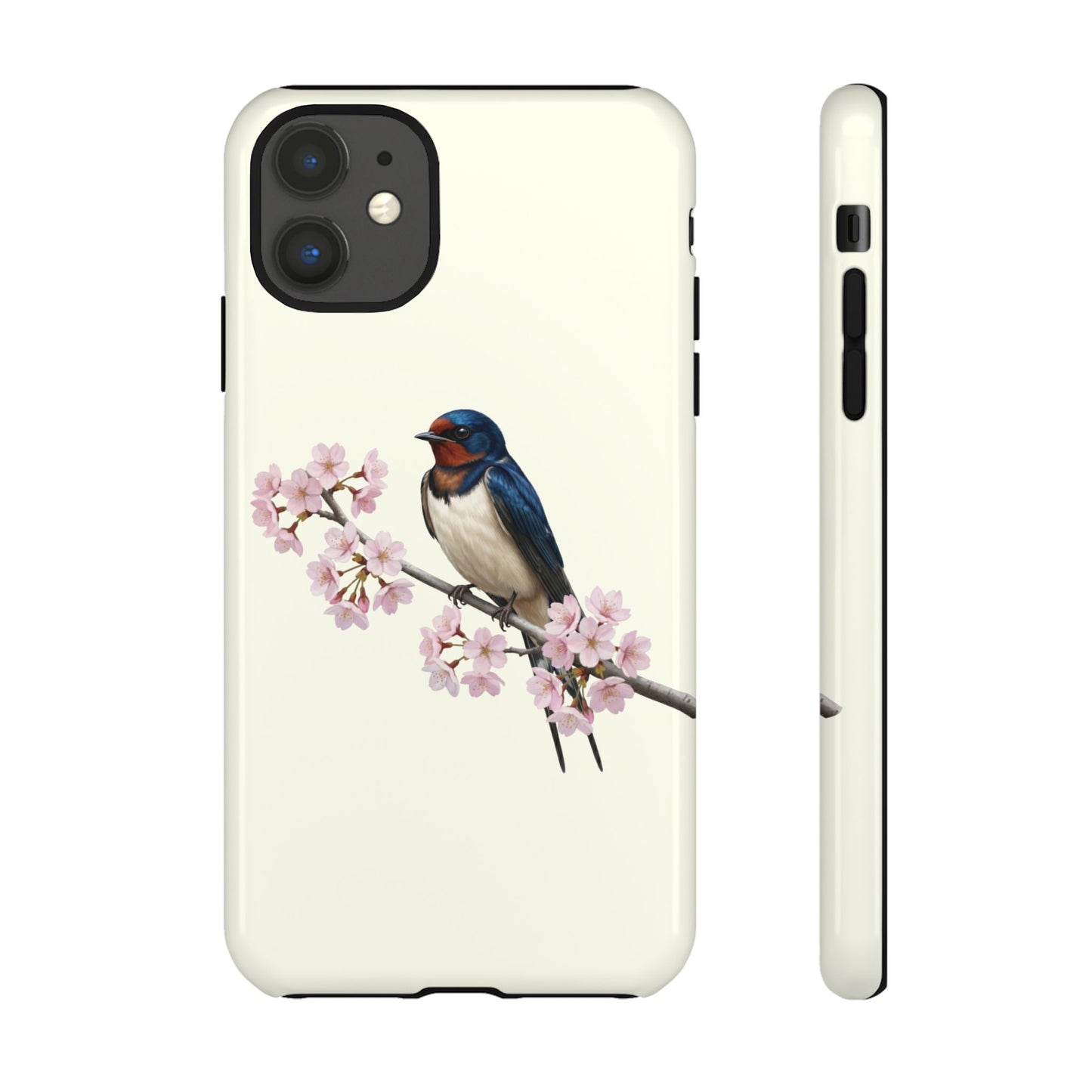 Schwalbe Handyhülle – Rauchschwalbe in Cremeweiß | Florales Kirschblüten Vogel-Motiv für iPhone & Google Pixel