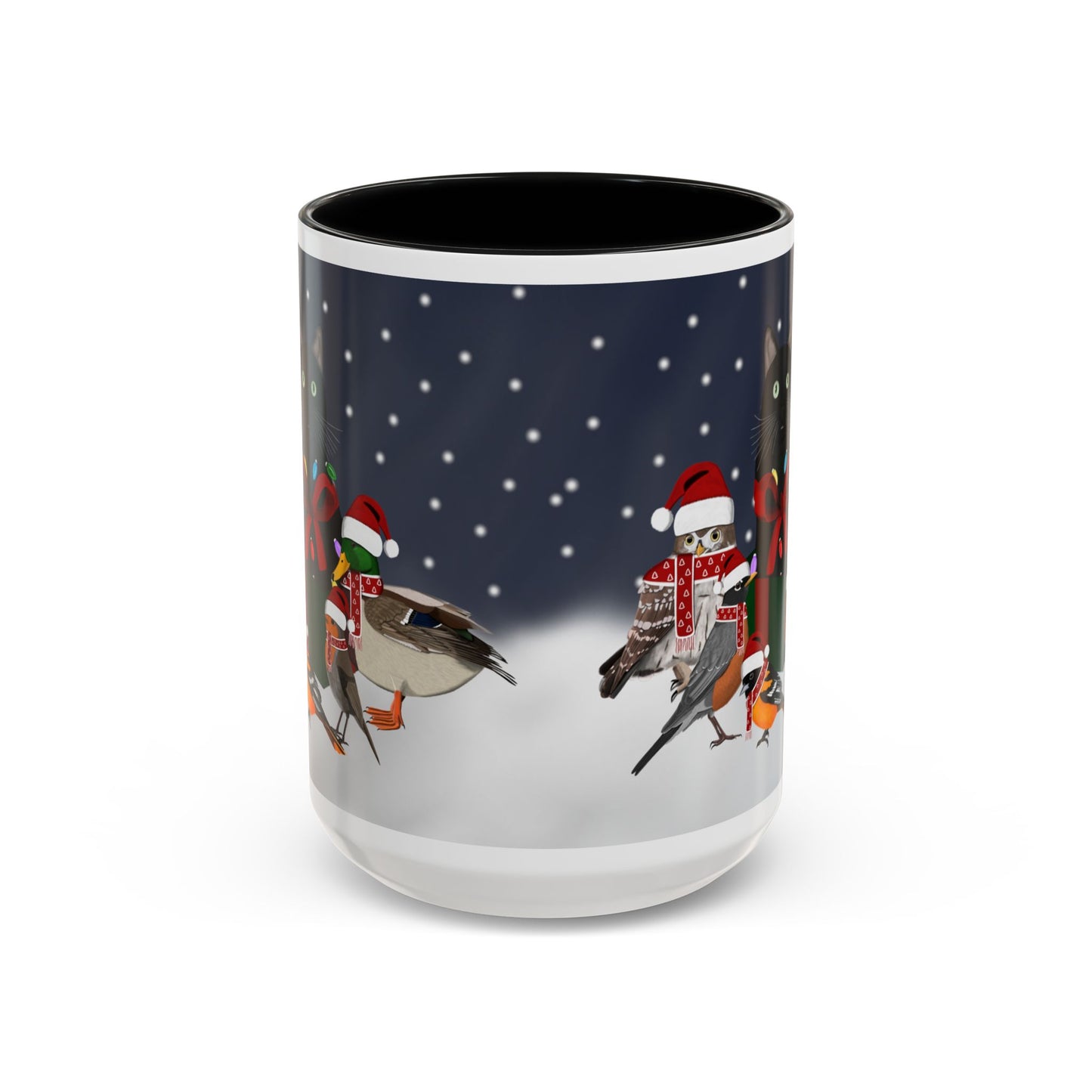 Robin Oriole Mallard Owl and Cat with Christmas Hat and Scarf Snow Bird Coffee Mug