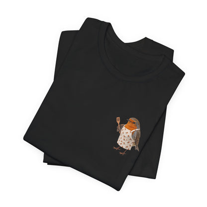Lustiges Rotkehlchen T-Shirt mit Schürze & Pfannenwender | Niedliches Vogel-Motiv für Küche & Kochen