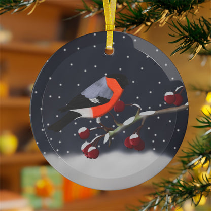 Bullfinch on a Winter Branch Christmas Bird Glass Ornament