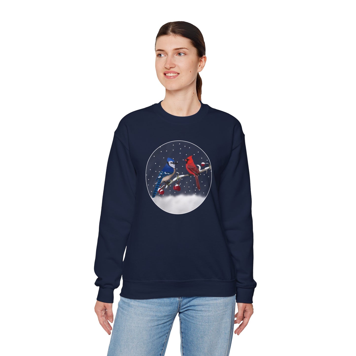 Blue Jay and Cardinal on a Winter Branch Christmas Bird Sweatshirt