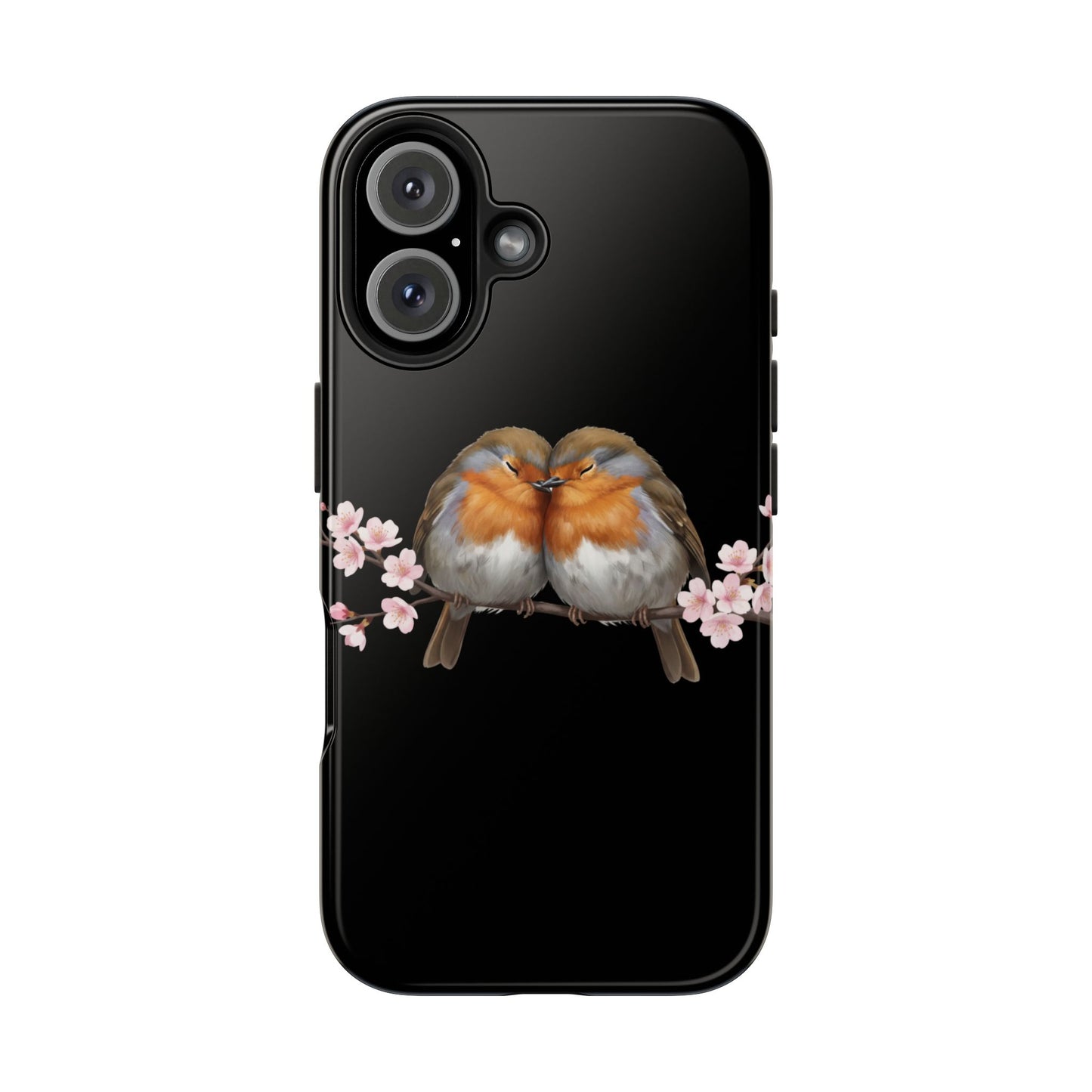 European Robin with Cherry Blossoms iPhone Case – Premium Tough Phone Cover Black
