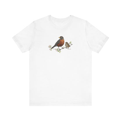 American Robin & Fledgling T-Shirt | Spring Blossoms Unisex Graphic Tee