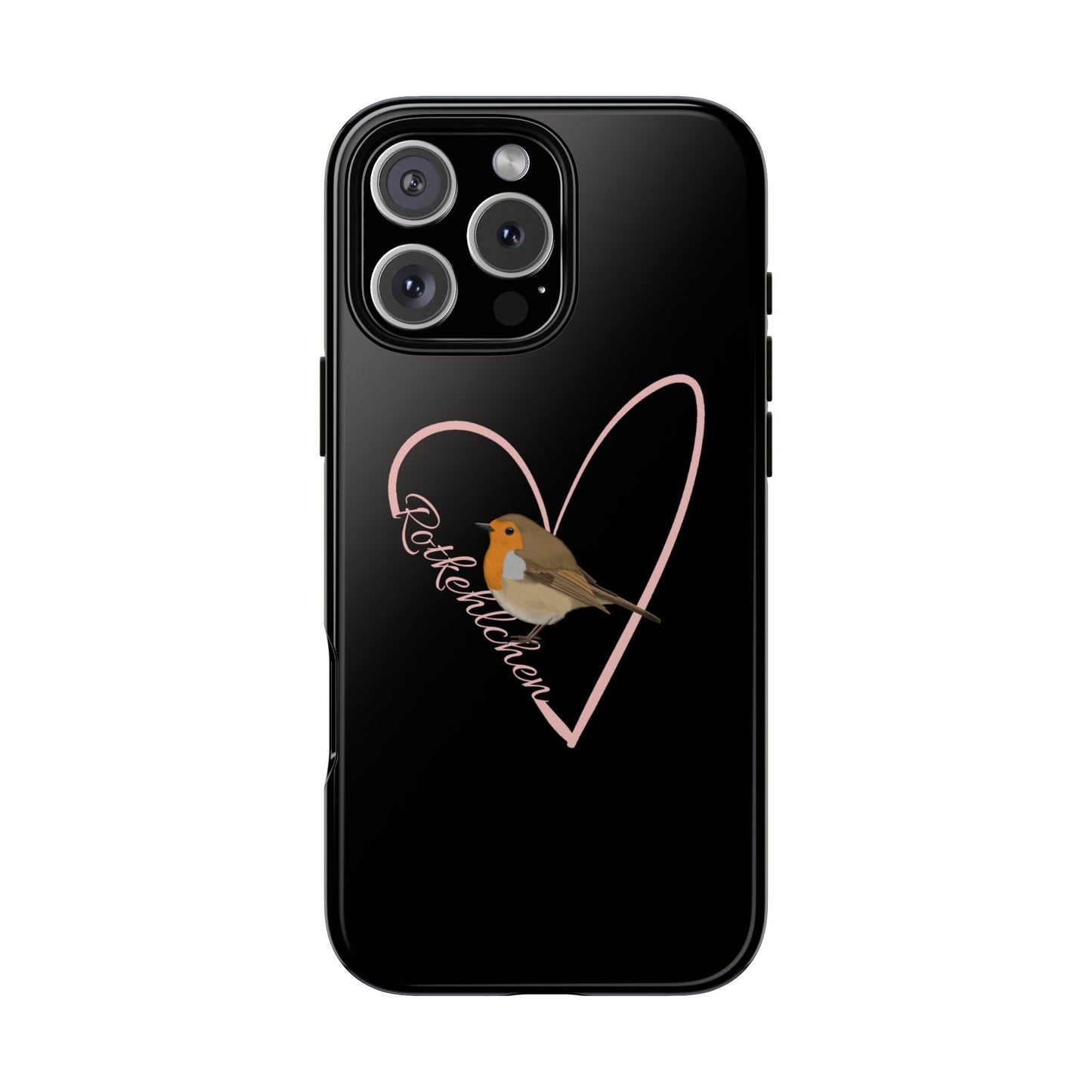 Rotkehlchen mit Herz Premium Handyhülle – Doppelt Geschützt & Rundum Bedruckt Schwarz