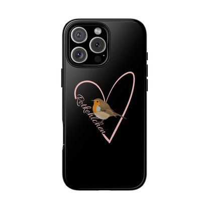 Rotkehlchen mit Herz Premium Handyhülle – Doppelt Geschützt & Rundum Bedruckt Schwarz