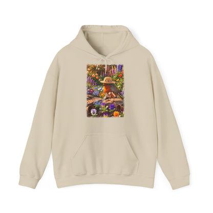 Niedlicher Rotkehlchen Hoodie beim Blumen gießen | Gemütlicher Garten-Kapuzenpullover