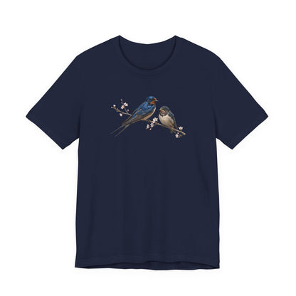 Barn Swallow & Fledgling T-Shirt | Spring Blossoms Unisex Graphic Tee