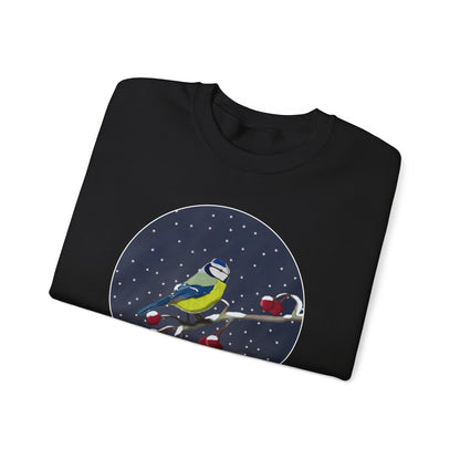 Blue Titmouse on a Winter Branch Birdwatcher Christmas Bird Sweatshirt