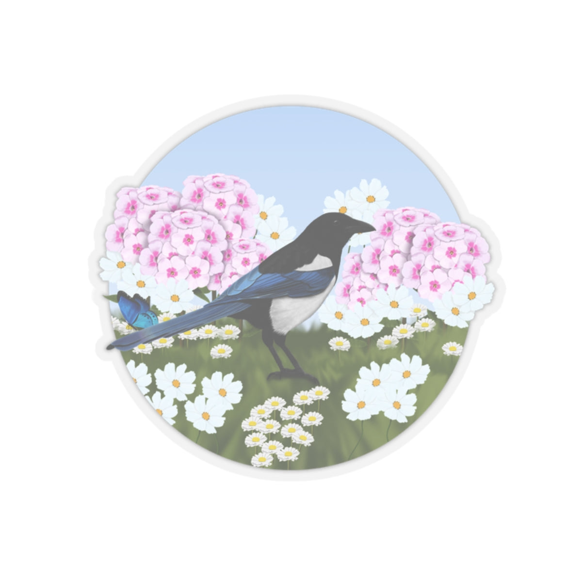 Magpie Summer Flowers Bird Kiss-Cut Sticker