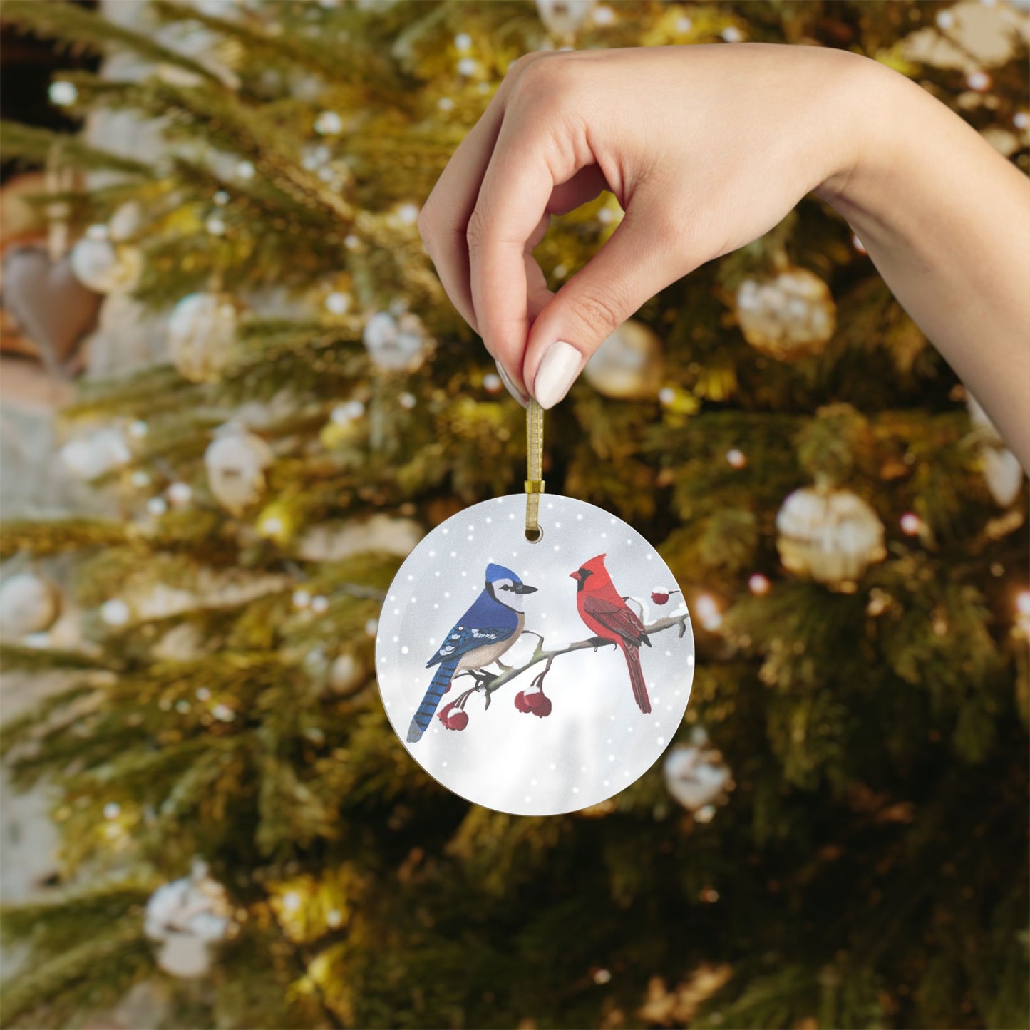 Blue Jay Cardinal Snow Bird Christmas Glass Ornament White