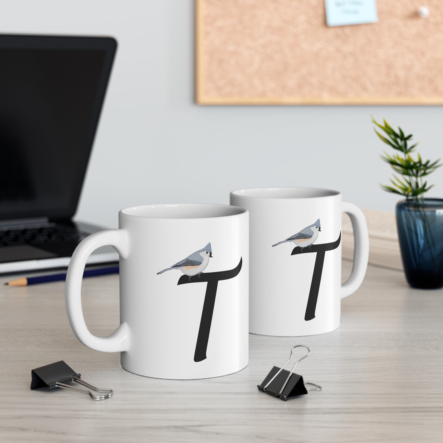 Tufted Titmouse Letter T Bird Ceramic Mug 11oz White