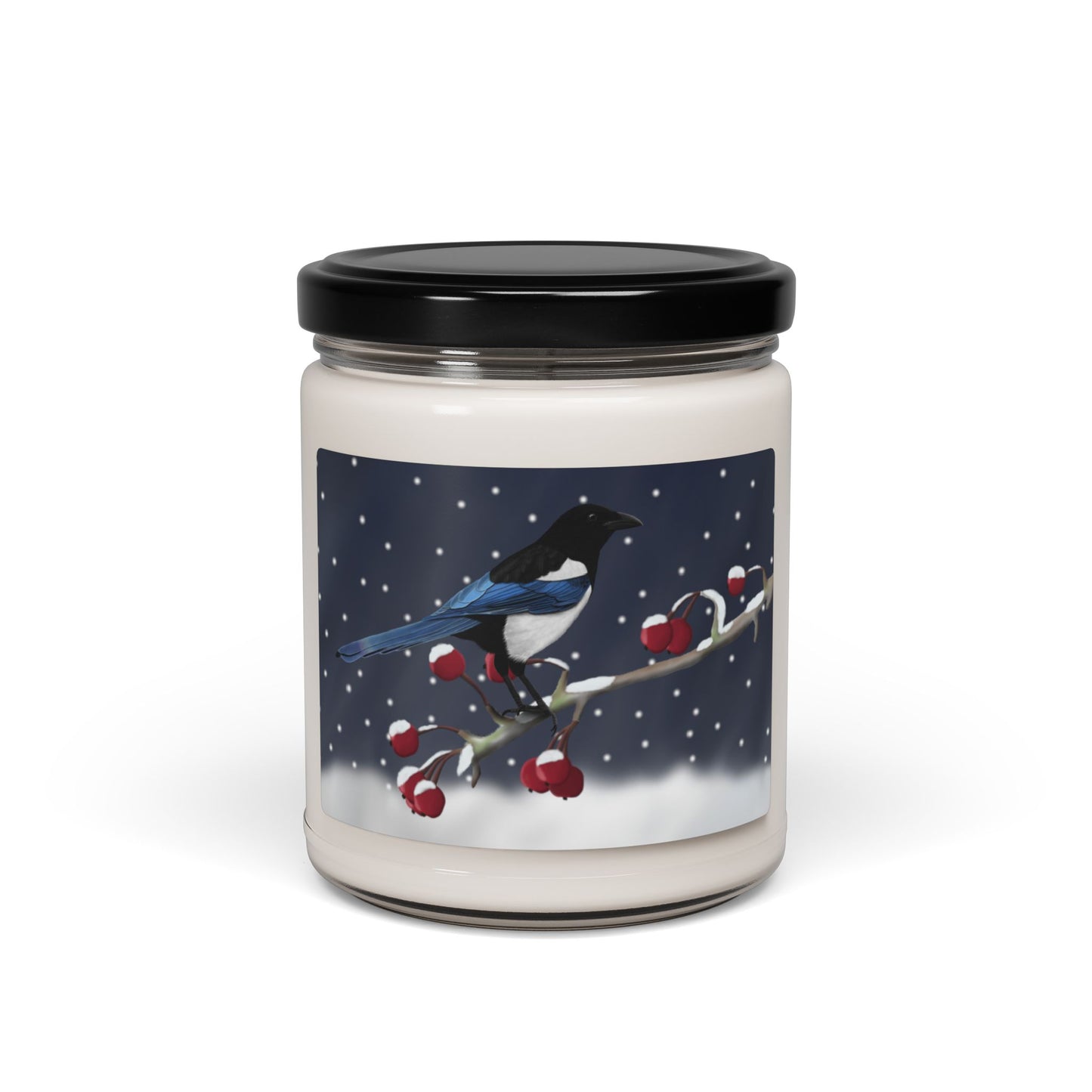 Magpie on a Winter Branch Christmas Bird Art Scented Soy Candle, 9oz