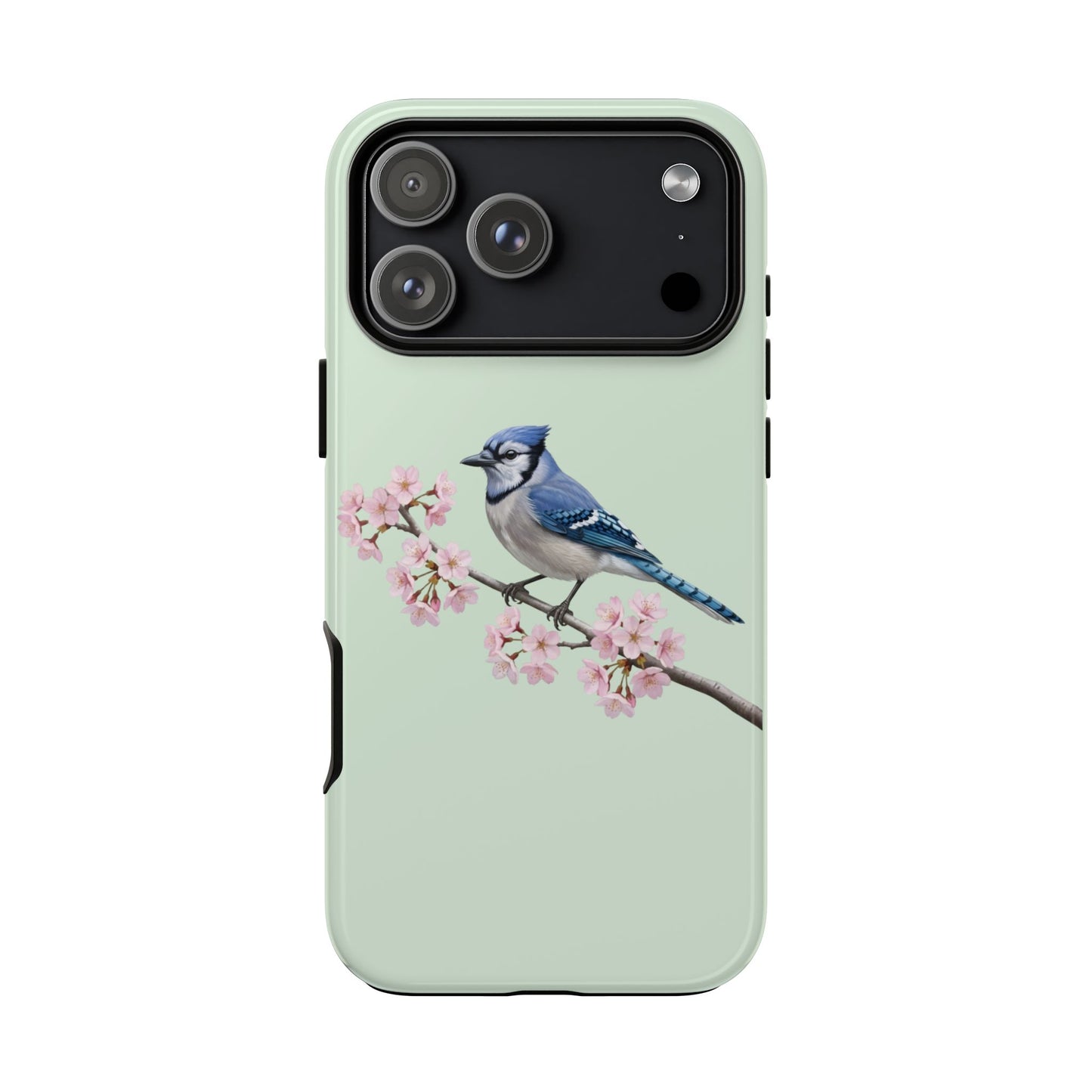 Blauhäher Handyhülle in Salbeigrün | Florales Kirschblüten Vogel-Motiv für iPhone & Google Pixel