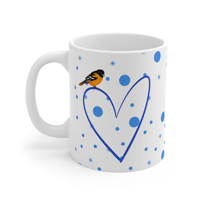 Baltimore Oriole Valentine's Day Bird Mug 11oz Blue Heart