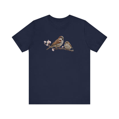 Tree Sparrow & Fledgling T-Shirt | Spring Blossoms Unisex Graphic Tee