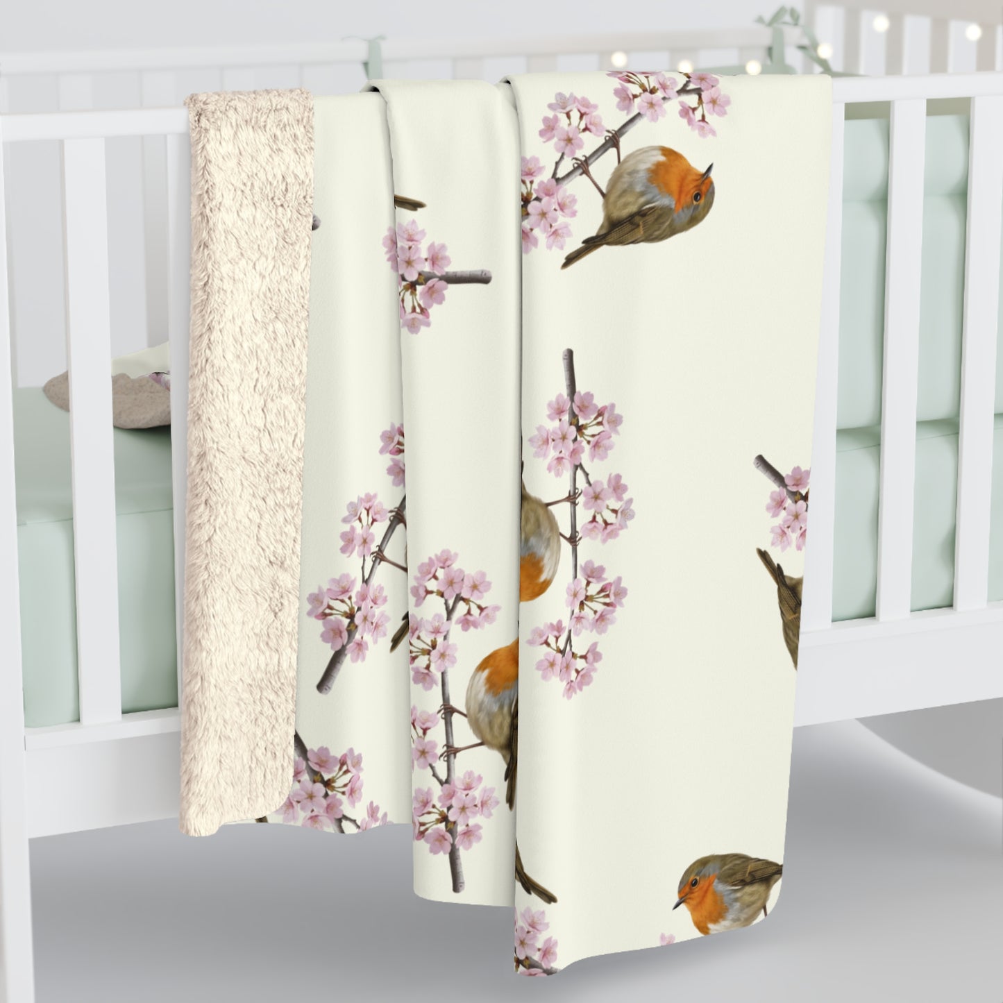 Rotkehlchen Premium Sherpa-Fleece Decke in Cremeweiß | Kuscheldecke mit Vogelmotiv (150x200cm)