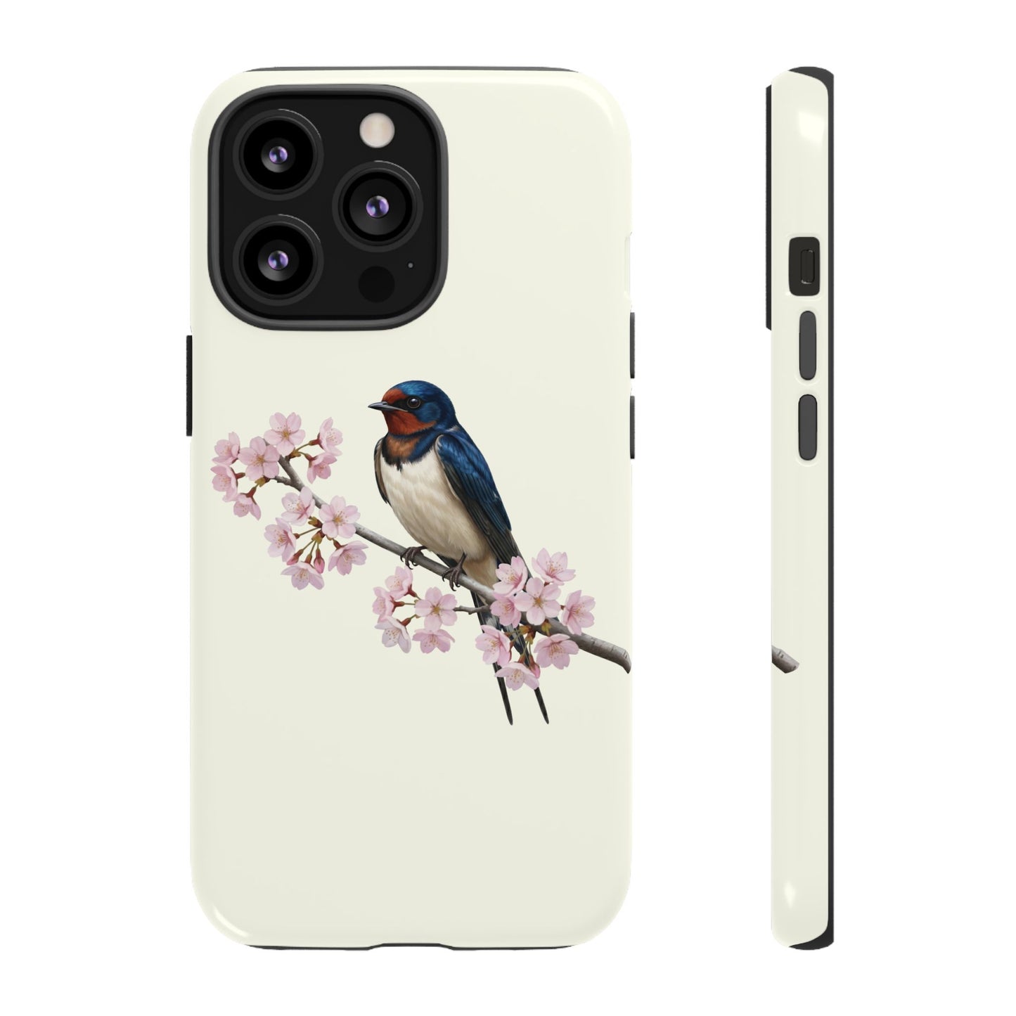 Rauchschwalbe Handyhülle in Cremeweiß | Florales Kirschblüten Vogel-Motiv für iPhone & Google Pixel
